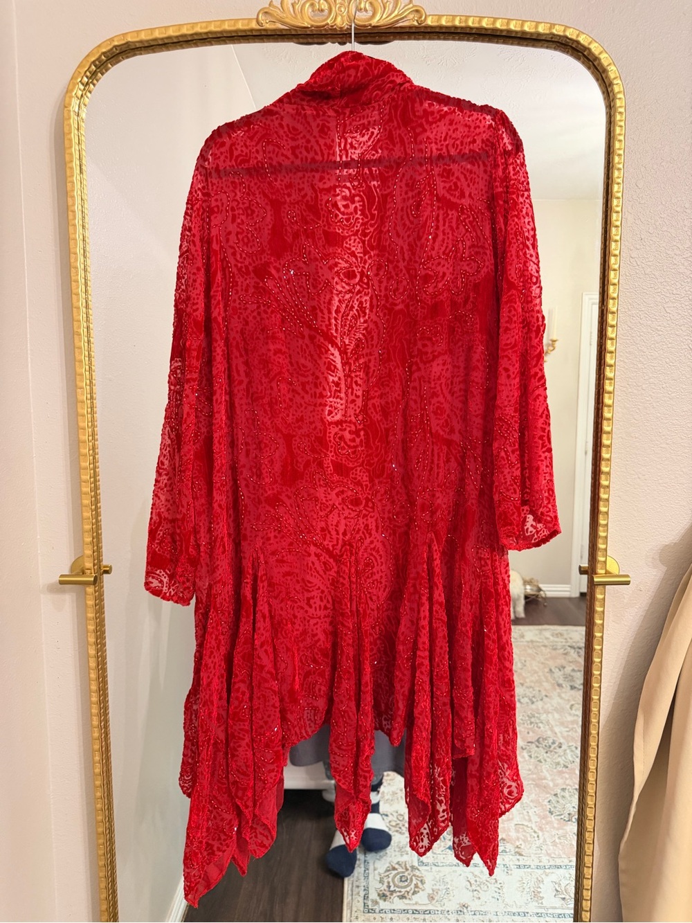 Red Beaded Velvet Burnout Duster Jacket - Picture 5 of 5